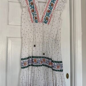Oliphant Dress with Floral Embroidery - White, Pink, and Green